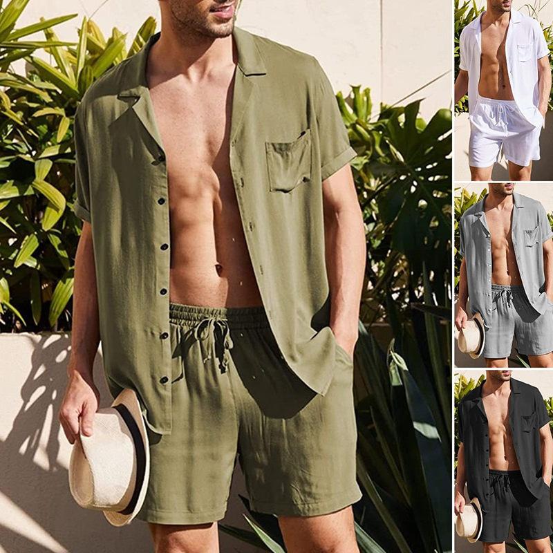 

Men' Tracksuits Men Solid Color Loose Suit Summer Short-Sleeved Single-Breasted Cardigan Turn-down Collar Shirt Mid-Waist Straight Shorts, White