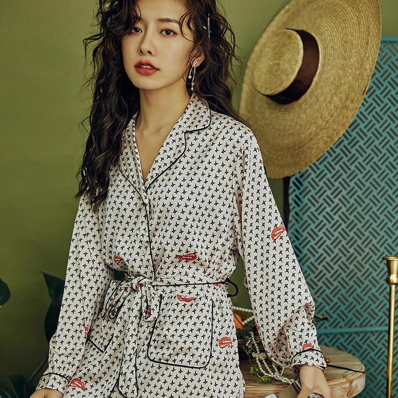 

Women's Sleepwear Nightdress Long-sleeved Imitation Silk Pajamas Suit Summer Thin Ice Ladies Elegant Home Service, Black