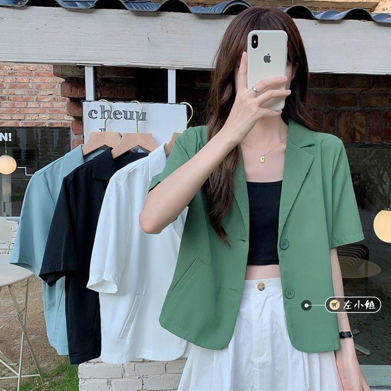 Vestes femme couleur unie mince Blazer femmes 2022 manches courtes printemps et été mince costume veste Blousers blanc vert femme