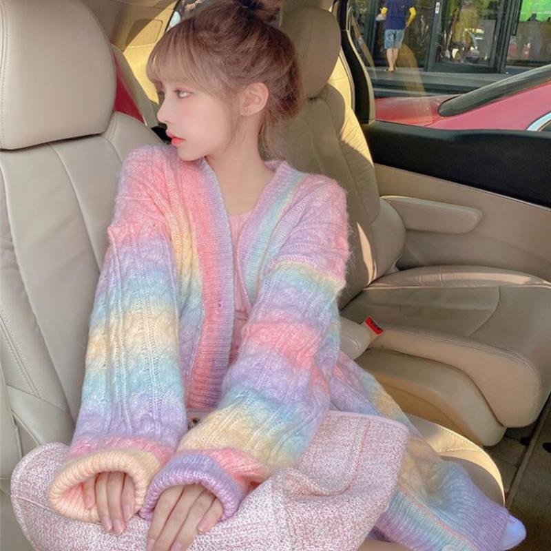 

Women's Knits & Tees Rainbow Knitted Cardigan Women Autumn Winter Sweet Kawaii Sweater Coat Female Long Korean Button Down Fall 2022 W429, Photo