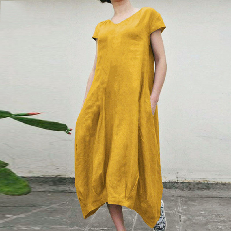 Robe en coton et lin pour femmes, grande taille 5xl, col en v, manches courtes, poches, bords biseautés, jupe longue décontractée, élégante et ca