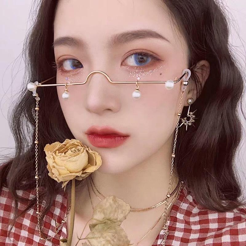 

Sunglasses Retro Pearl Pendant No Lense Glasses Half Frame Eyeglasses Girl Eyewear Without Chain Party Po PropSunglasses