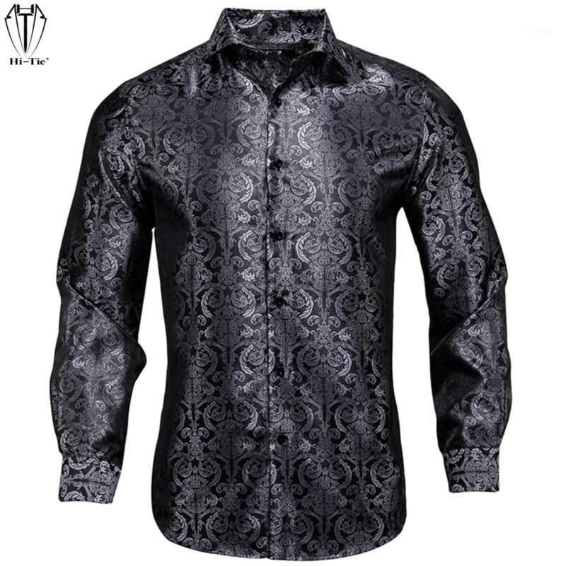

Men' Casual Shirts Hi-Tie Silk Jacquard Mens Outwear Long Sleeve Black Silver Floral Men Shirt Slim Fit For Male Dress Suit Business