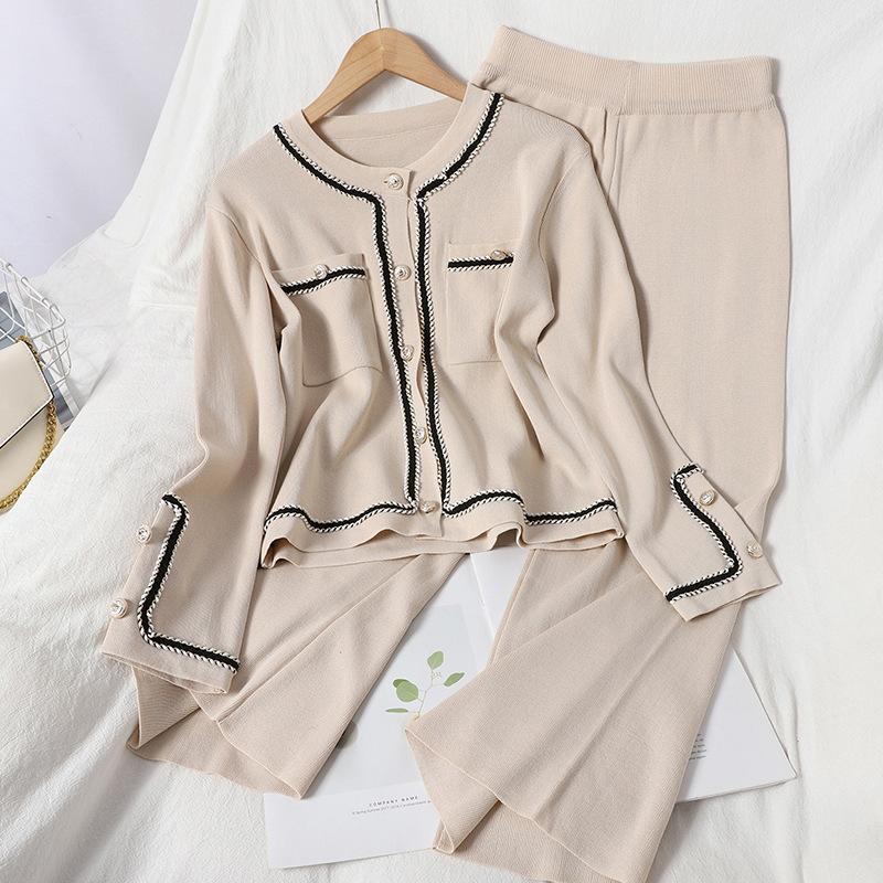 

Women's Two Piece Pants Spring Korean Style Knitted Suit Women Contrast Color O-Neck Double Pocket Cardigans Loose Elastic Wide Leg Sets, Black