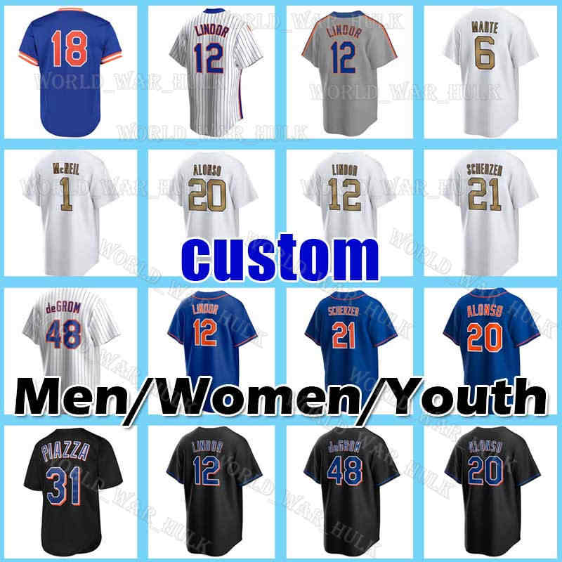 

12 Francisco Lindor 2022 All Star Baseball Jersey 20 Pete Alonso New York''Mets 6 Starling Marte 21 Max Scherzer Jacob deGrom Mike Piazza Jeff McNeil Keith Hernandez 31, Men custom retro(d d h-no name)