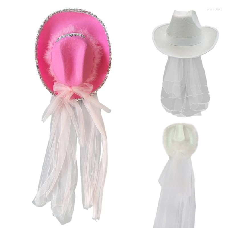 

Berets Trendy Wide Brim Cowgirl Hat With Long Yarn Cowboy Adjustable Drawstring Jazz Top For Friends GirlsBerets, White bao bian head