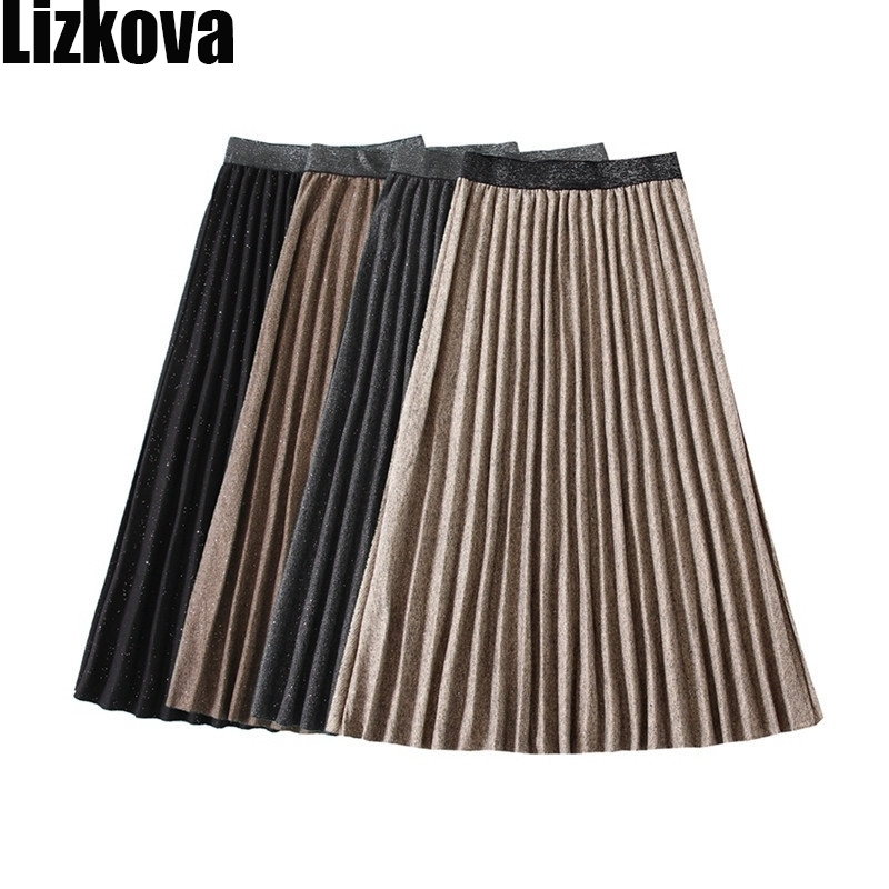 

Spring Women Black Skirt High Waist Pleated Knitted Skirt Bright Silk Skirt Patchwork Elastic Waist Streetwear Y200326, Apricot