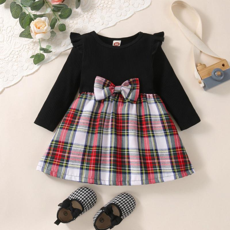 

Girl's Dresses Baby Girl Casual Dress Round Neck Ruffle Long Sleeve Contrast Color Plaid Hem High Waist A-Line DressGirl's