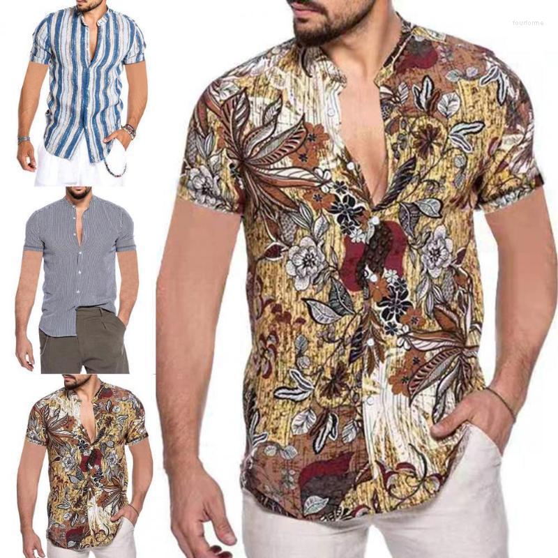 

Men's Casual Shirts Vintage Floral Printed Short Sleeve Men Button Up Turn-down Collar Tops Male Clothes Fashion Streetwear Plus Size, Blue