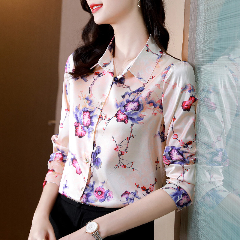 

2022 Long Sleeve Retro Floral Blouses Women Designer Luxury Silk Shirt Spring Autumn Casual Lady Office Button Down Shirts Fine Elegant Female Sweet Cute Runway Tops, 12