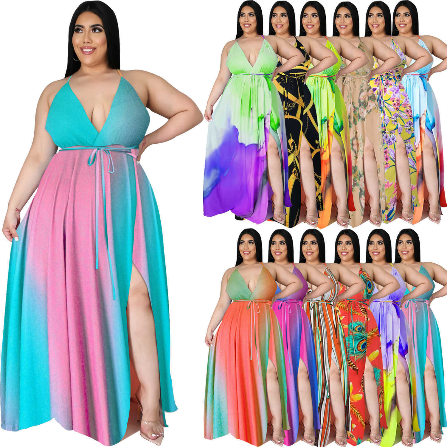 Été Sexy Femmes Plus La Taille Robes De Mode Tie Dye Imprimé V Profond Dos Ouvert Split Gradient Robe Florale Dames D'été Vêtements Décontractés