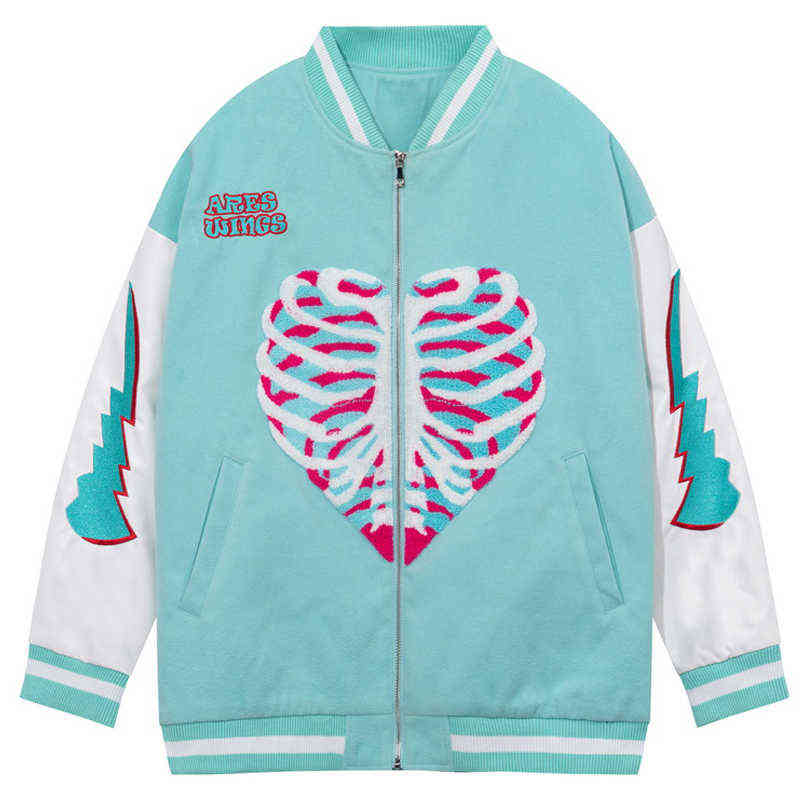 

Heart Skeleton Embroidery Baseball Jacket Men Women's Coat Couple Bomber Unisex Boyfriend Style Varsity Hip hop 2021 Autumn T220728, Sky blue