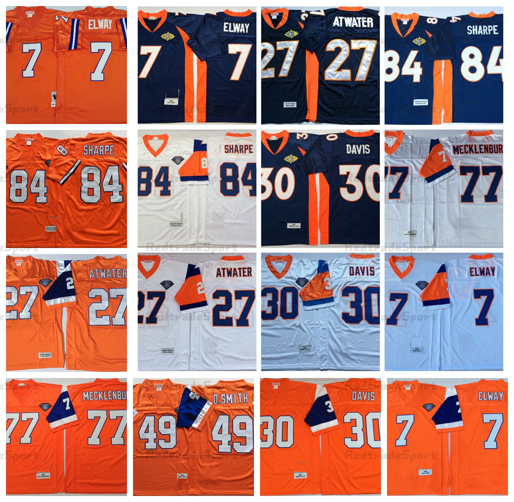

Vintage 1994 Mens 7 John Elway 27 Steve Atwater Football Jerseys 30 Terrell Davis 77 Karl Mecklenburg 84 Shannon Sharpe 49 Dennis Smith Orange 75th Stitched Shirts, Blue 27