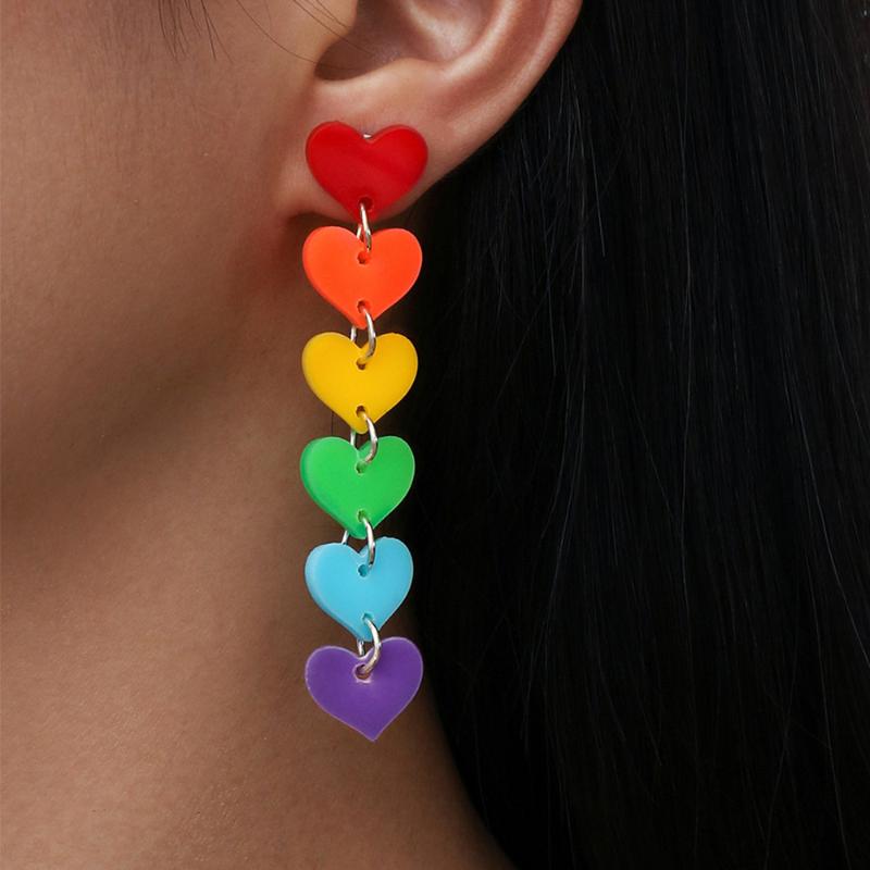 

Clip-on & Screw Back Retro Rainbow Love Temperament Drop Earrings Simple Heart-Shaped Candy-Colored Pierced Individual Fashion Jewelry For W