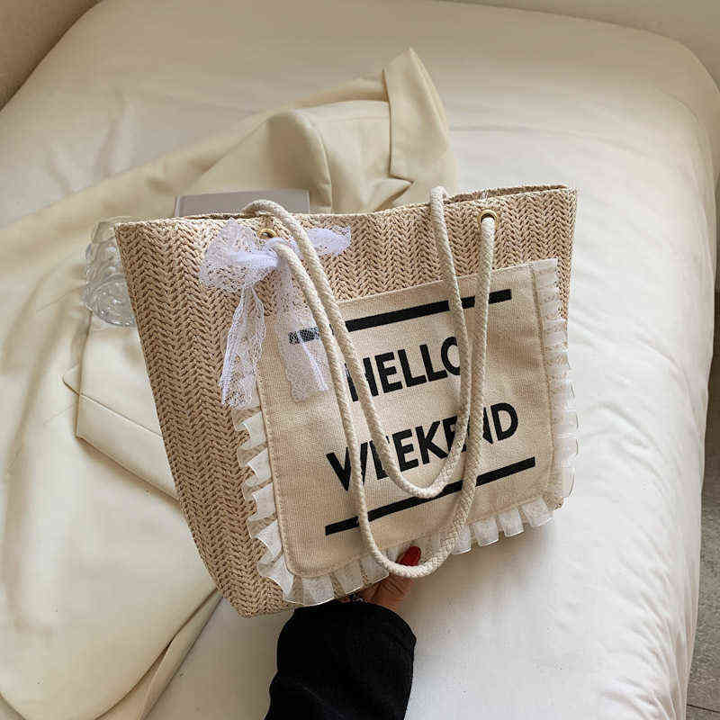 

Large Capacity Bag Autumn Winter Fashion Design Straw Woven Bag Women's Summer Simple Portable Tote Bag 220614, Beige