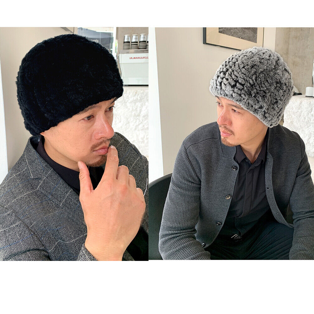 

Men's Real Rex Rabbit Fur Hat Winter Beanie Skull Cap Dense Knit Hight Elastic, Frost black