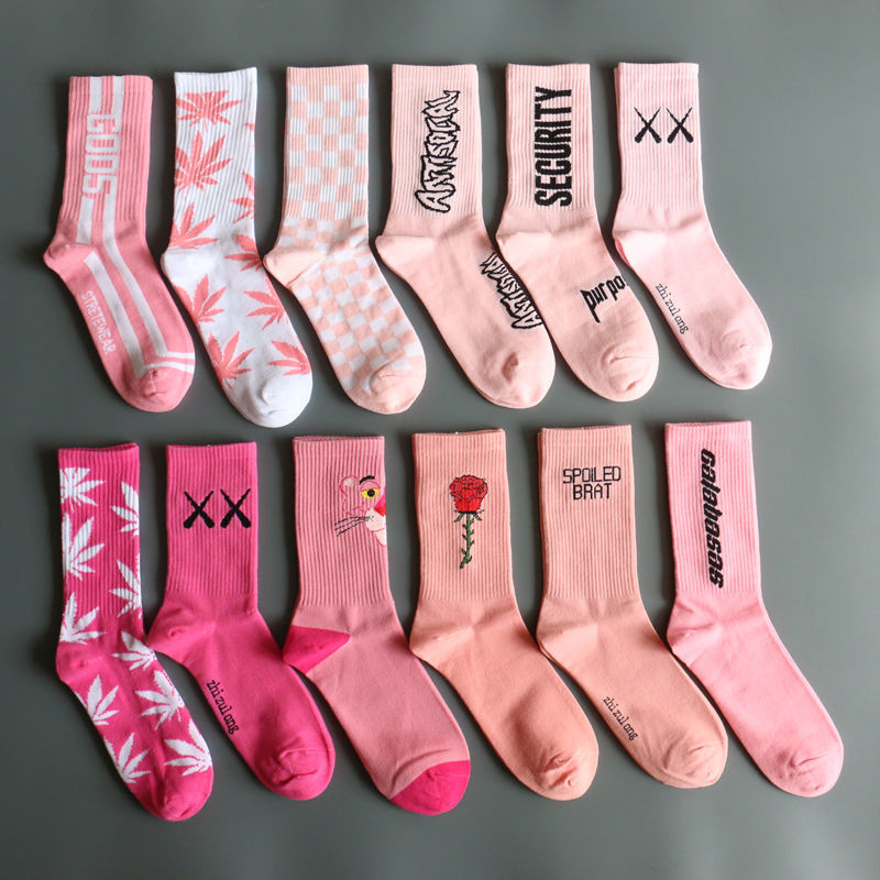 

Pink socks men's and women's mid-tube ins trend new super hot street hip-hop personality letter long sports socks spring and autumn, One size