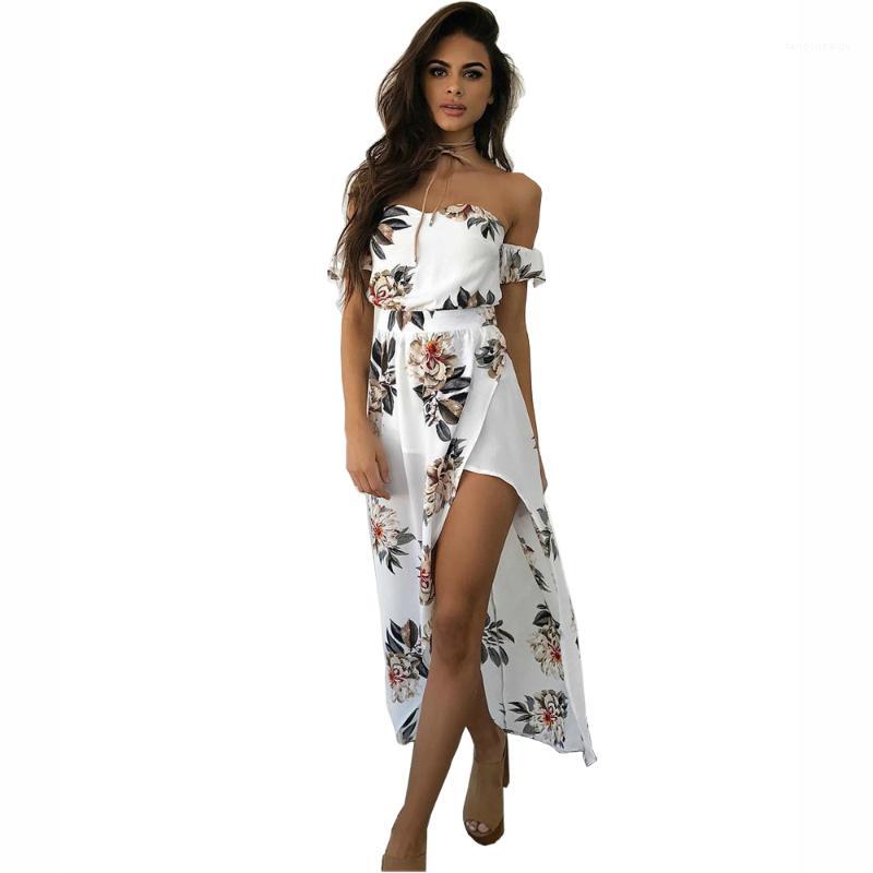 

Once 3.28 Off Shoulder Asymmetrical Floral Print Boho Long Summer Women Casual Beach Bohemian Dress, As pic