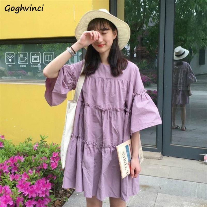 

Dress Women Purple A-line Solid Knee-length Loose 2xl All-match Casual Trendy Students Korean Style Basic Holiday Kawaii Ins, Black