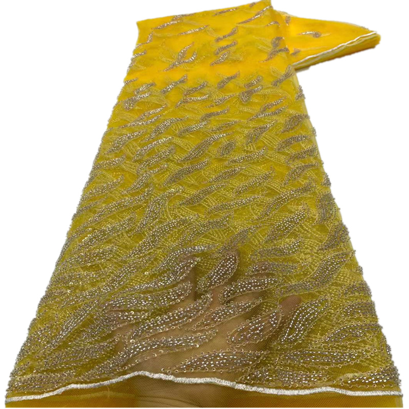 

New Arrival Beaded French Net Lace fabric hot Yellow African Tulle Laces Fabrics With Sequins Embroidery For Party Dress
