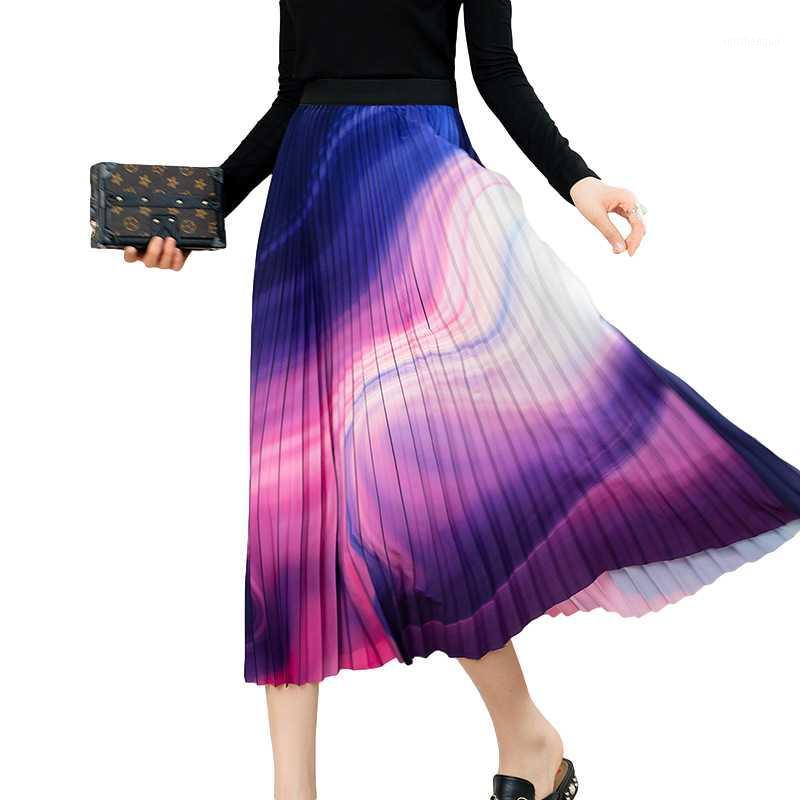 

Skirts 2022 Spring Style Woman Elastic High Waist A Line Mid-length Gradient Contrast Color Pleated Skirt, Multi