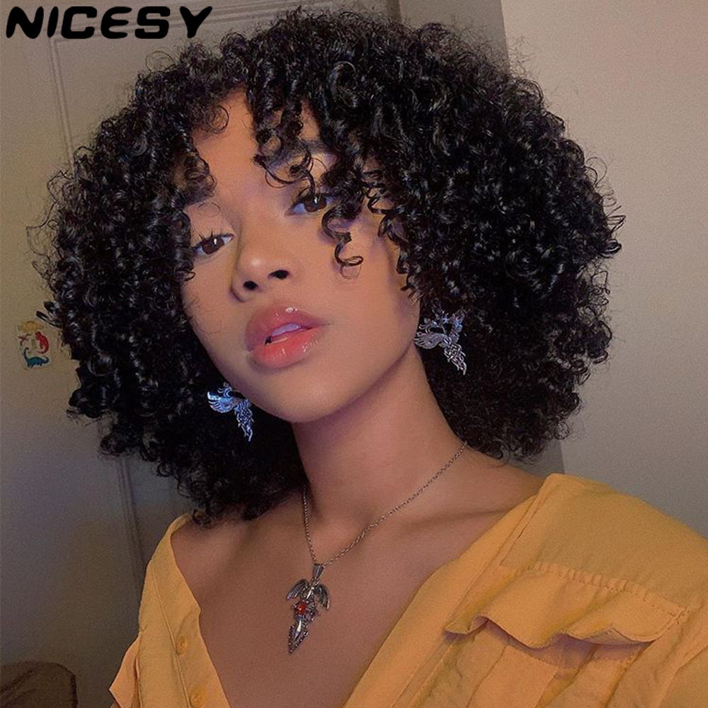 Costume Accessories Afro Kinky Curly Wig With Bangs Synthetic ShortWigs For Black Women Black Blonde Glueless Cosplay Hair High Temperature-image-773033261