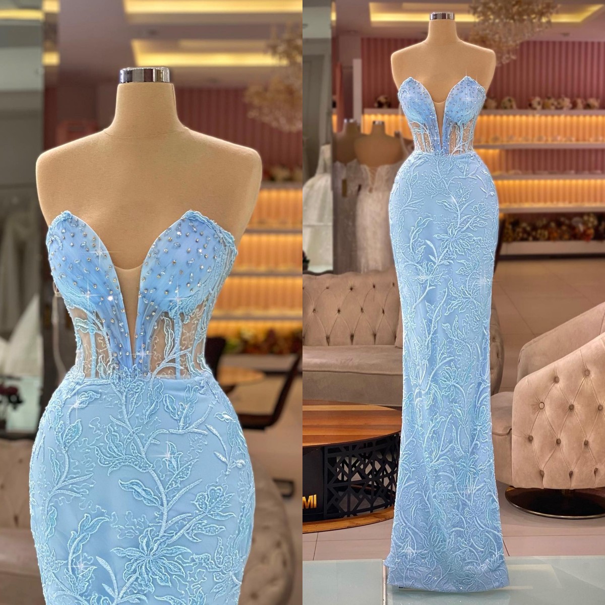 

Light Sky Blue Mermaid Prom Dresses Sweetheart Beaded Lace Appliqued Boned Women Gowns Long Formal Evening Dress, Gray