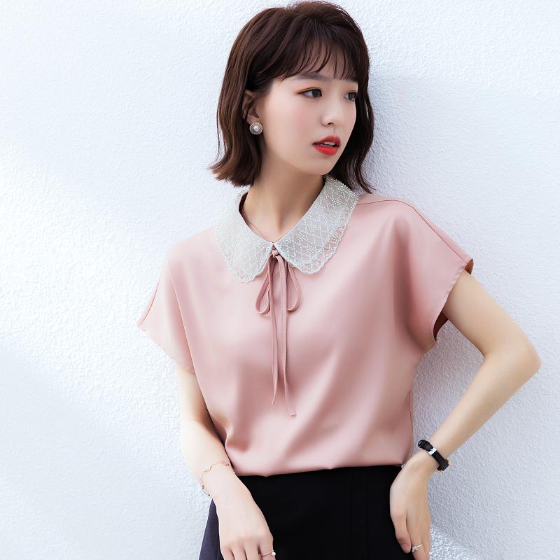 

Women' Blouses & Shirts Short Sleeve Office Lady Acetate SATIN Pink For Women 2022 Summer Bow Collar Casual Design Tops GirlsWomen