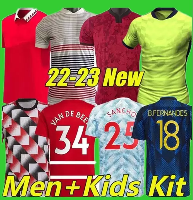 

2223 SANCHO Soccer Jerseys POGBA FERNANDES R. VARANE BRUNO MAGUIRE CAVANI RASHFORD VAN DE BEEK Men Kids Kits Football Shirt TELLES 21/22/23, Kids size