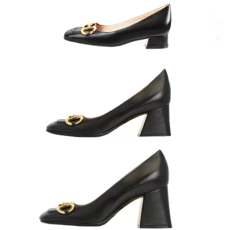 

Women Dress Shoes spring Coarser heel high heels 100% leather Metal buckle lady designer heeled boat shoe Large size 35-41-42 With box, Extra box