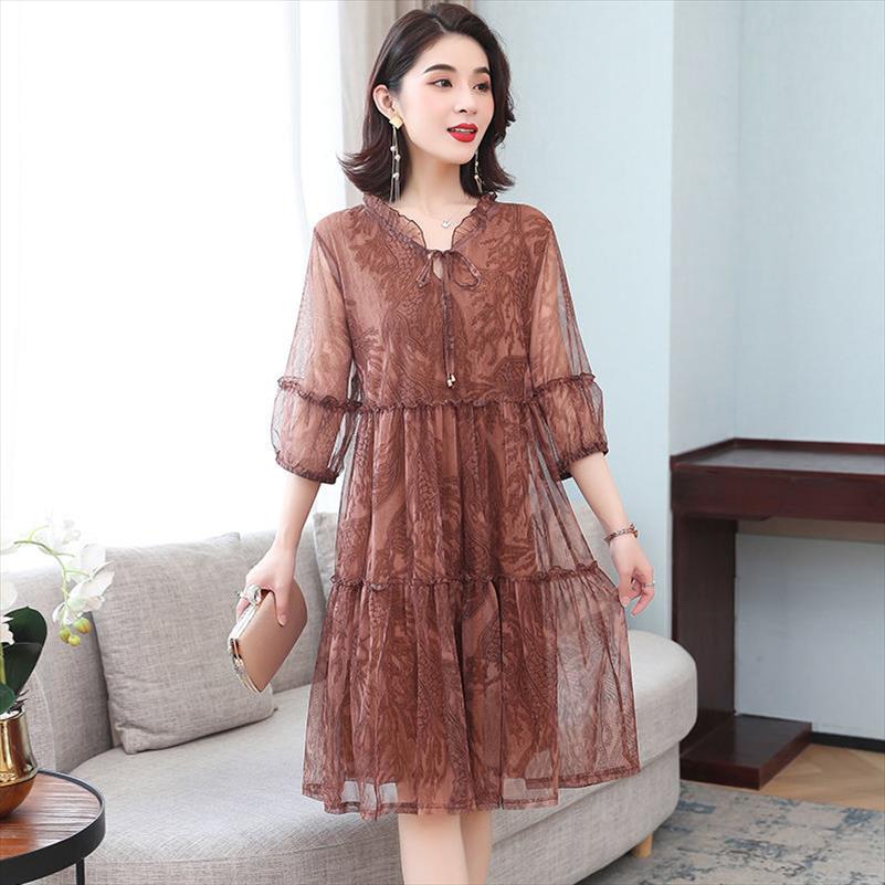 

Summer Middle Aaged Women Flower Print Mother Fashion Midi Dress Female Causal Half Sleeve Dresse Korean Vestido Feminino