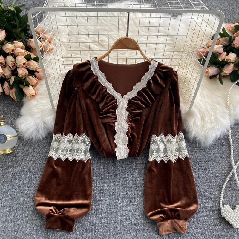 

Women's Blouses & Shirts WIGADFHK French Retro Velvet Blouse Female Splice Lace V Neck Long Sleeve Casual Tops 2022 Autumn Streetwear Loose, Black