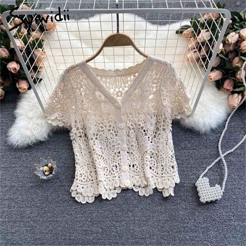 

Knitting Blouses Womens Summer Korean Vintage Hook Flower Hollow Out Button Up V Neck Short Sleeve Shirt White 210607