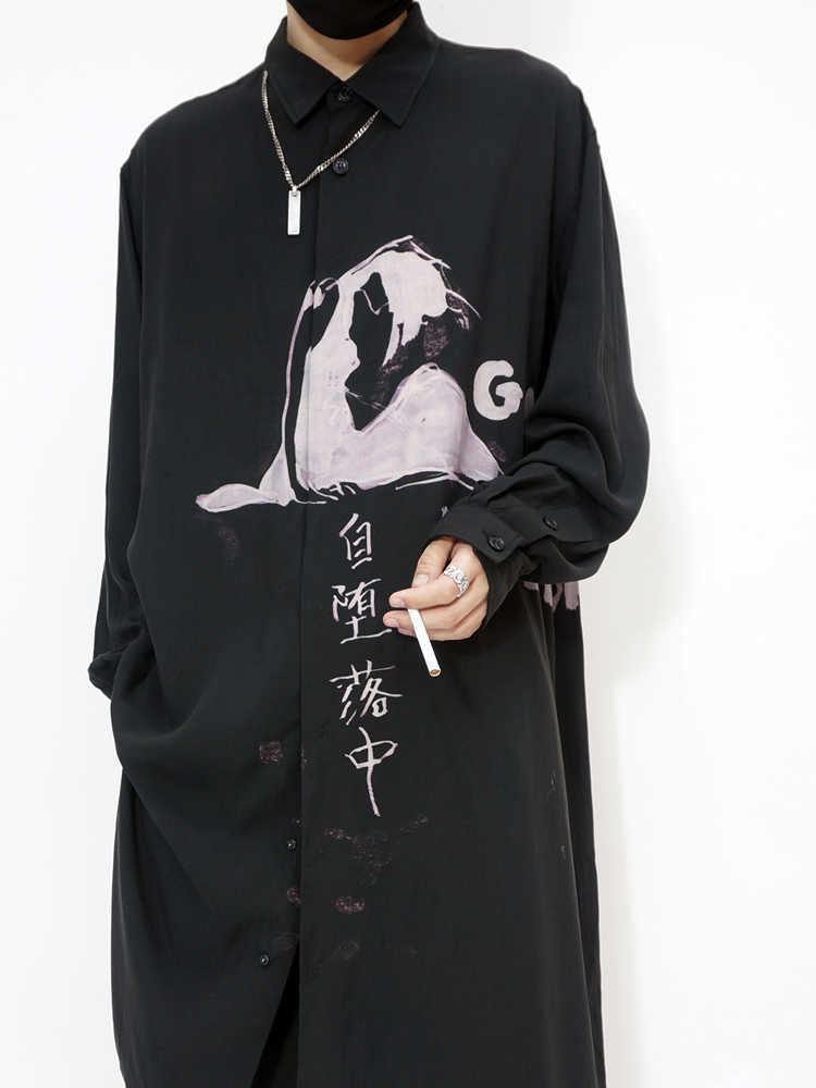 

[Spot]Dark Yamamoto Yohji self degenerate medium length thin shirt silk blended loose windbreaker coat, Black