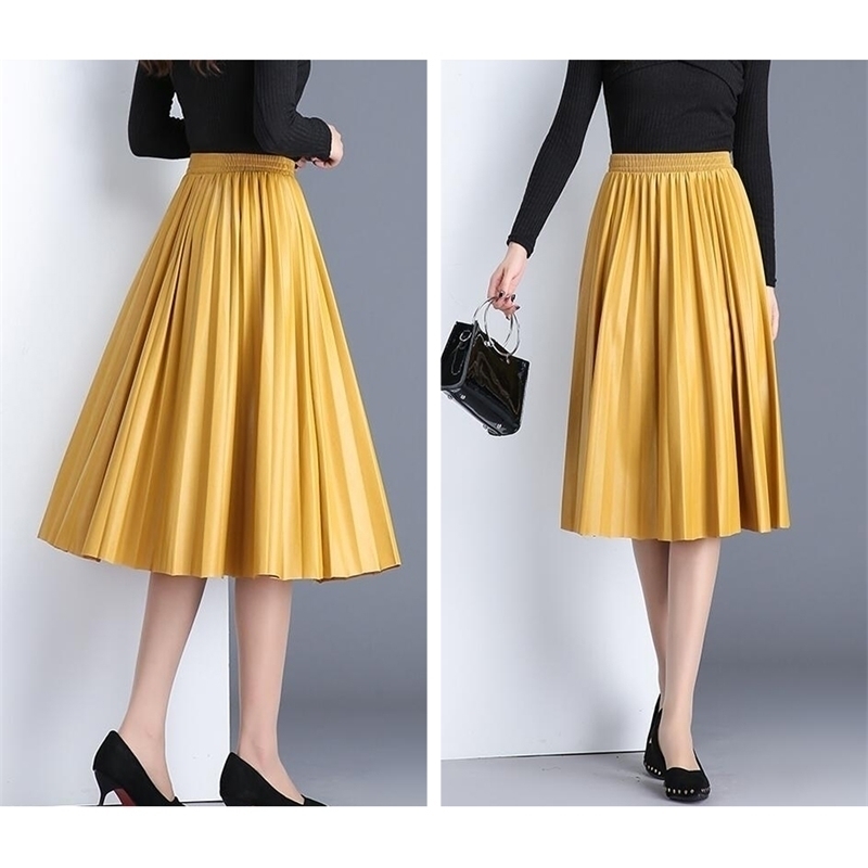

Pu Accordion Pleated Skirt Autumn And Winter Style Leather Skirt High Waist Faldas Largas Elegantes Y200326, Red