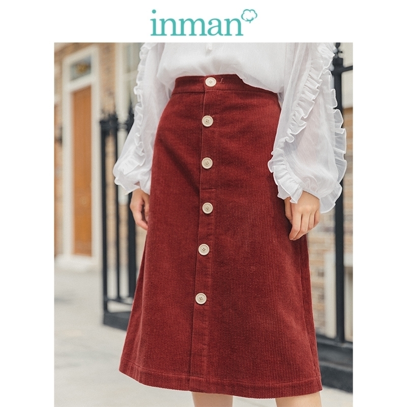 

INMAN Spring Autumn Young Literary Style Lyocell Cotton Corduroy Solid Minimalism Retro Women Skirt Y200326, Red