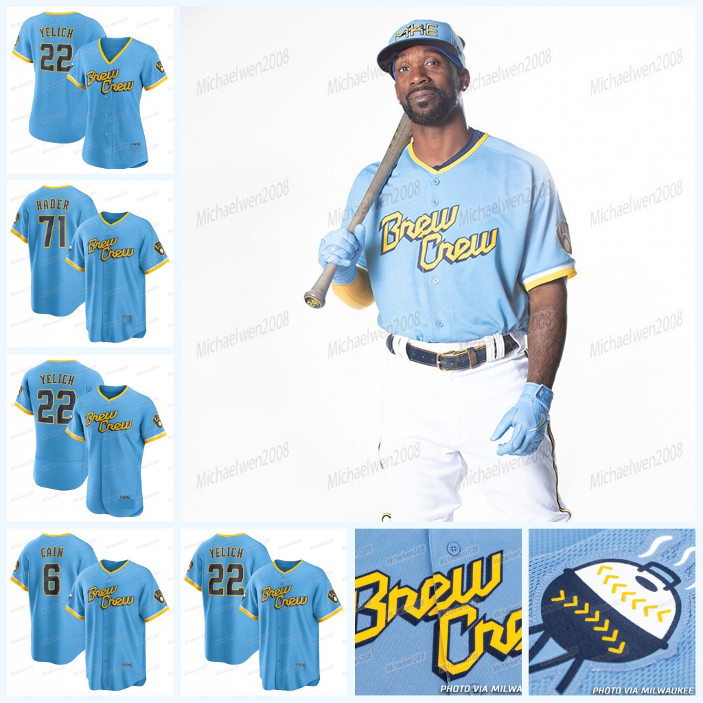 

22 Christian Yelich Brewers 2022 City Connect Jersey Milwaukee McCutchen Lorenzo Cain Rowdy Tellez Willy Adames Burnes Tyrone Taylor Hunter Renfroe Josh Hader, Men (with patch)
