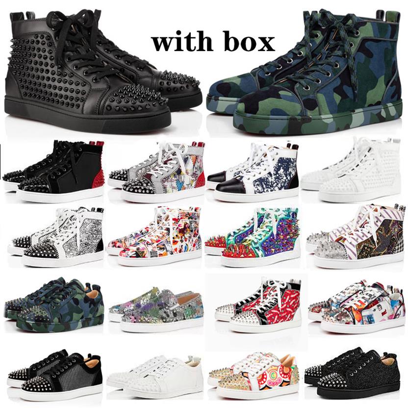 

Red Bottoms Men Women Designer Casual Shoes Sneakers High Top Black White Blue Glitter Grey Pink Leather Suede Mens Fashion Spikes246C, #40