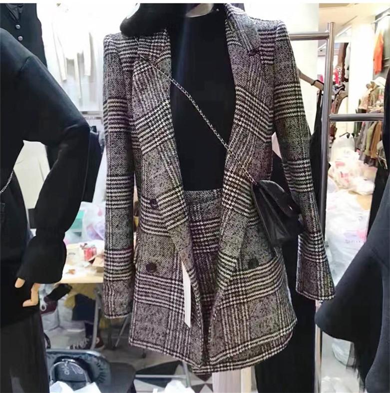 

Work Dresses JSXDHK Plus Size Autumn Winter Women Skirt Suits 2022 Runway Houndstooth Plaid Tweed Woollen Blazer Coat + Short A Line, Black