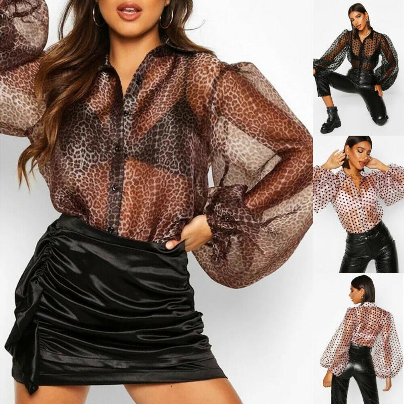 

Women Sexy Perspective Shirts Polka Dot Lantern Sleeve Leopard Mesh Blouse Tops Women' Blouses, Black polka dot
