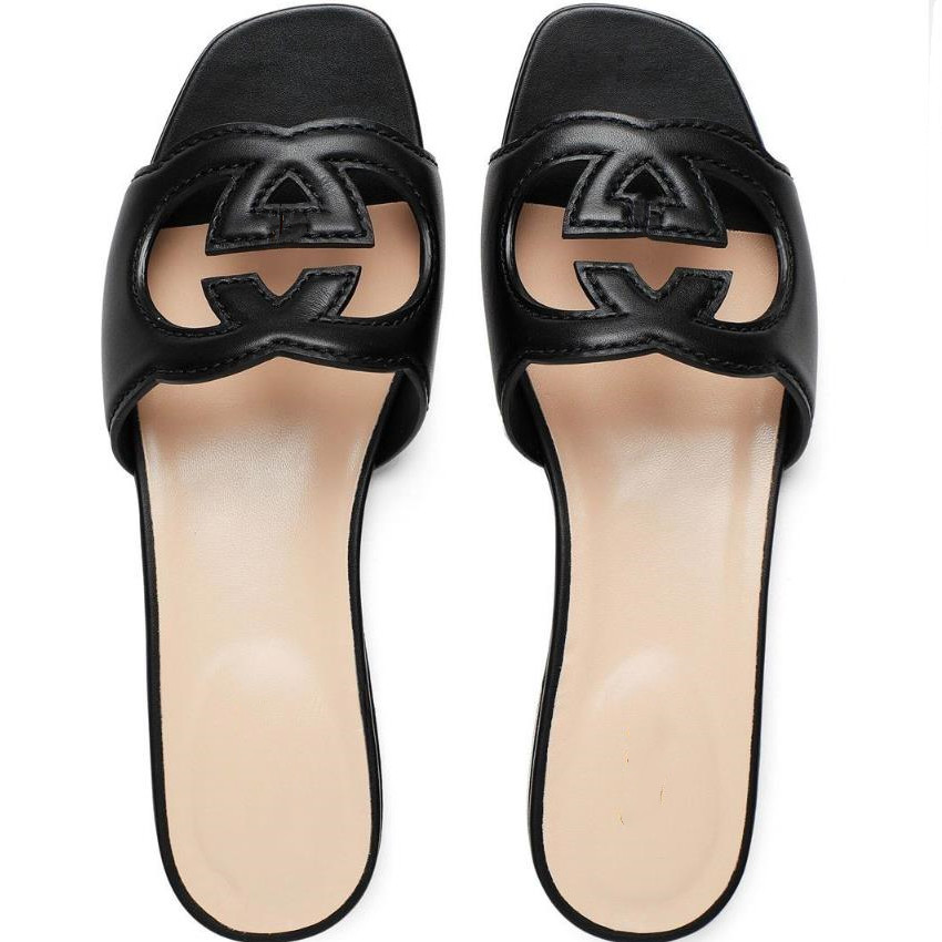 

Women Cut-out Slide Sandal Leather Designer Interlocking Mid-heel Slippers Rubber Sole Solid Color, Dustbag