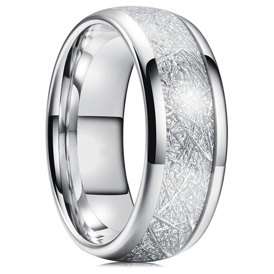 

8mm Tungsten Mens Ring Inlay Meteorite Silver Polished Wedding Bands Men's 316L Stainless Steel Ring Size 7-13#2213