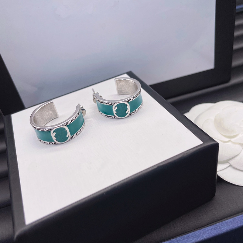 

High Quality Luxury Design Fashion Style Charm Earrings Lady Women blue Color Letter C-shape Hoop Stud Earrings Jewelry