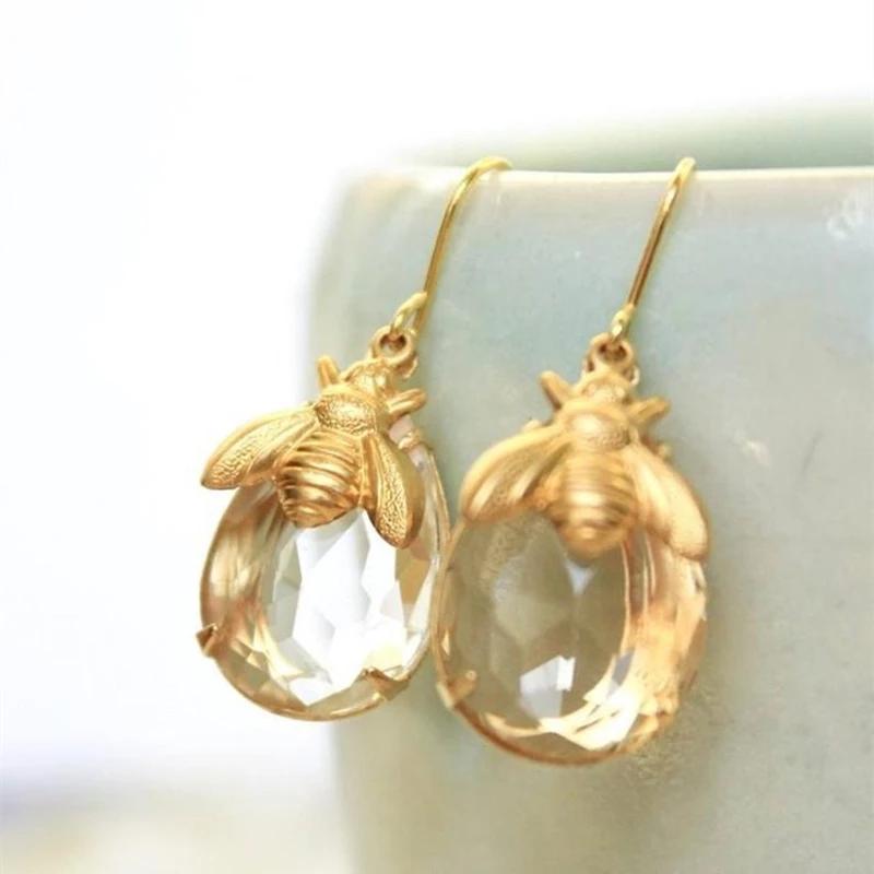 

Dangle & Chandelier Fashion Honey Bee Earrings Drop For Women Crystal Clear Glass Insect Gift Honeybee Female Jewelry