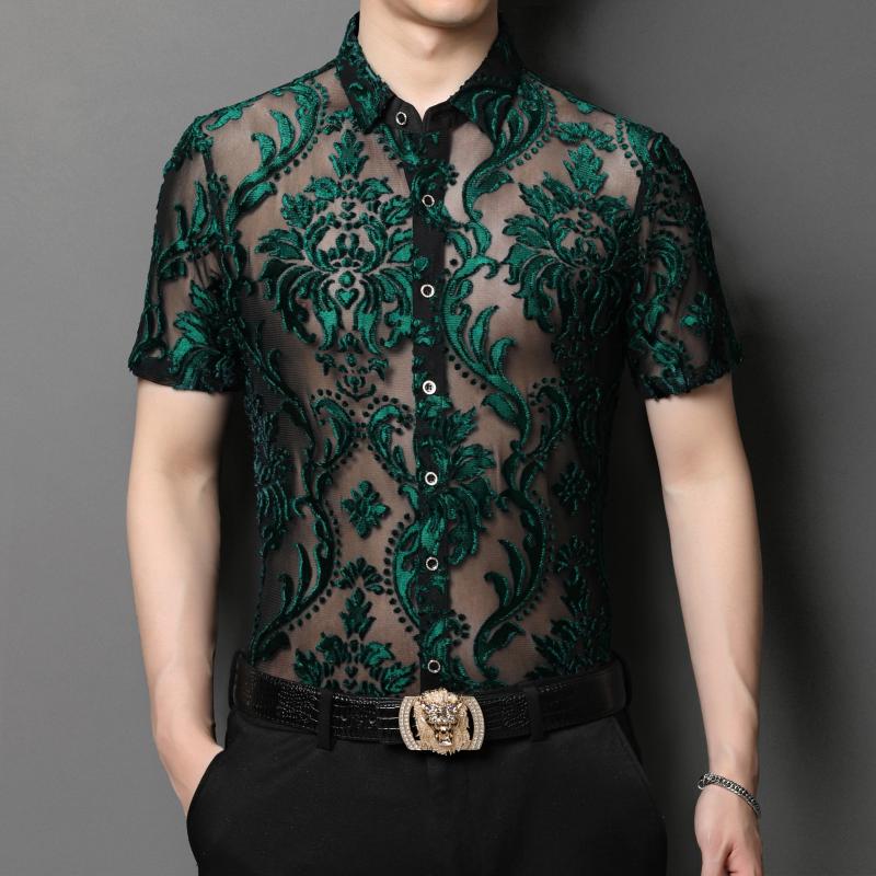 

Men' Casual Shirts Men' Transparent Mesh Summer Sexy Hollow Out Clubwear Male See Through Floral Clothing Short SleevedMen, Black