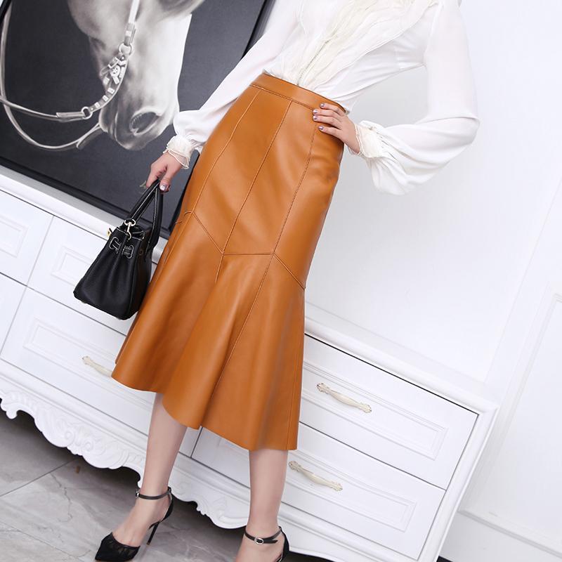 

Skirts Women' Real Leather Skirt Fishtail Design Skinny Hips High Waist Genuine Sheepskin Mid Autumn And Winter Femme, Black