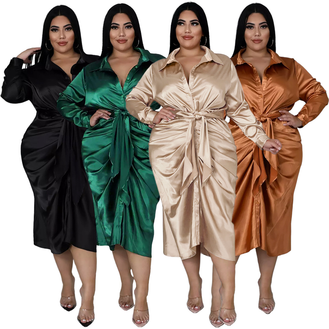 Summer V-neck Lace Up Patchwork Long Sleeve Shirt Dress Women Casual Lapel Button Pleated Package Hips Satin Dresses Femme-image-760832912