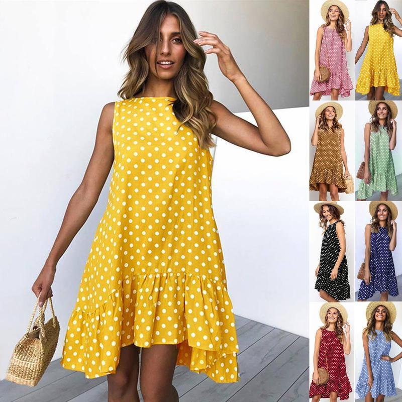 

Fashion Women Polka Dot Round Neck Sleeveless Vest Large Swing Ruffles Dress Sundress Summer Casual Loose Tank Dresses Vestidos, Kh