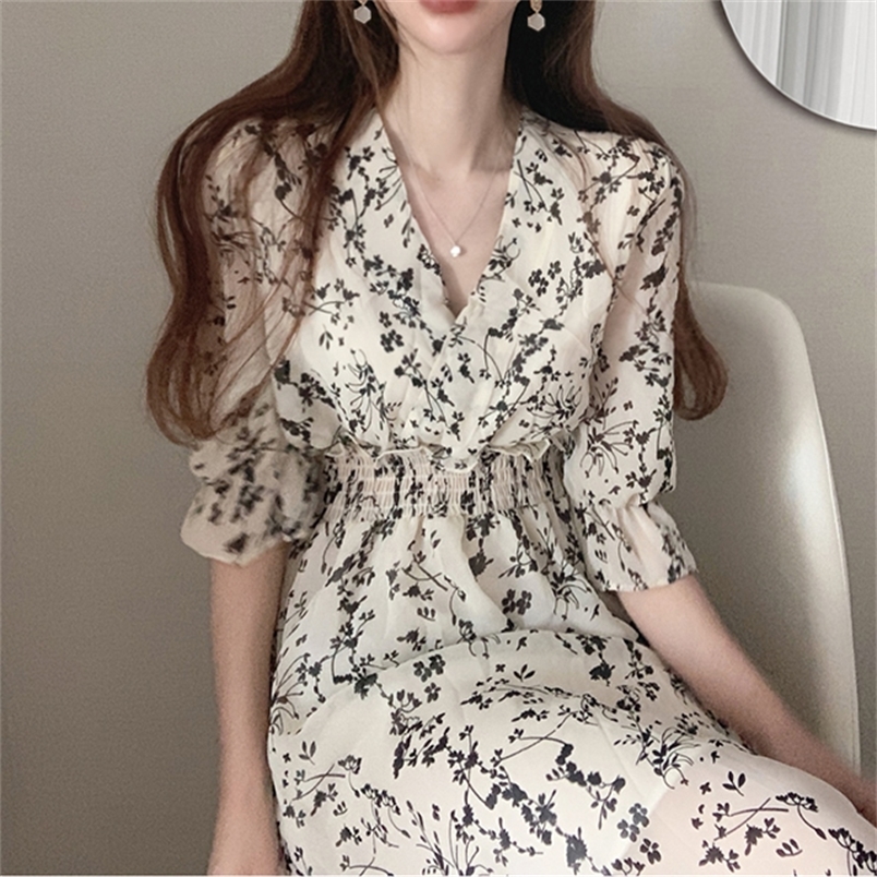 

Vintage Korea Fashion Clothing Summer Slim Elastic Waist A Line V Neck Elegant Office Lady Floral Chic Chiffon Long Dress Retro 220613, White