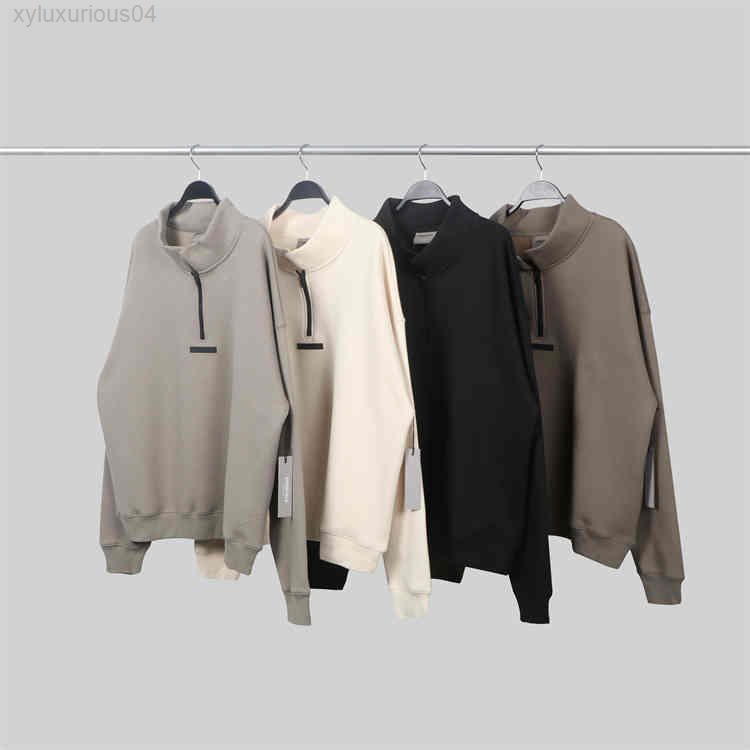 Fearofgod Mens Hooded Jacket Hoodies Coats Fog Essentials 21 Multi Thread Back Printed Half Zip Plush Sweater